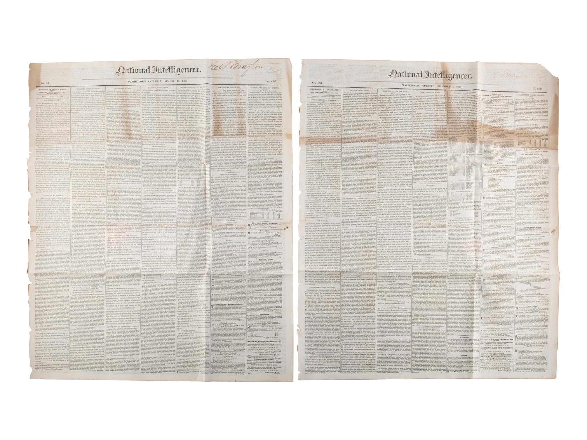 [LINCOLN, Abraham (1809-1865)]. Silk ribbon mourning the loss of Lincoln. [ With: ] Newspapers containing coverage of Lincoln's presidency.