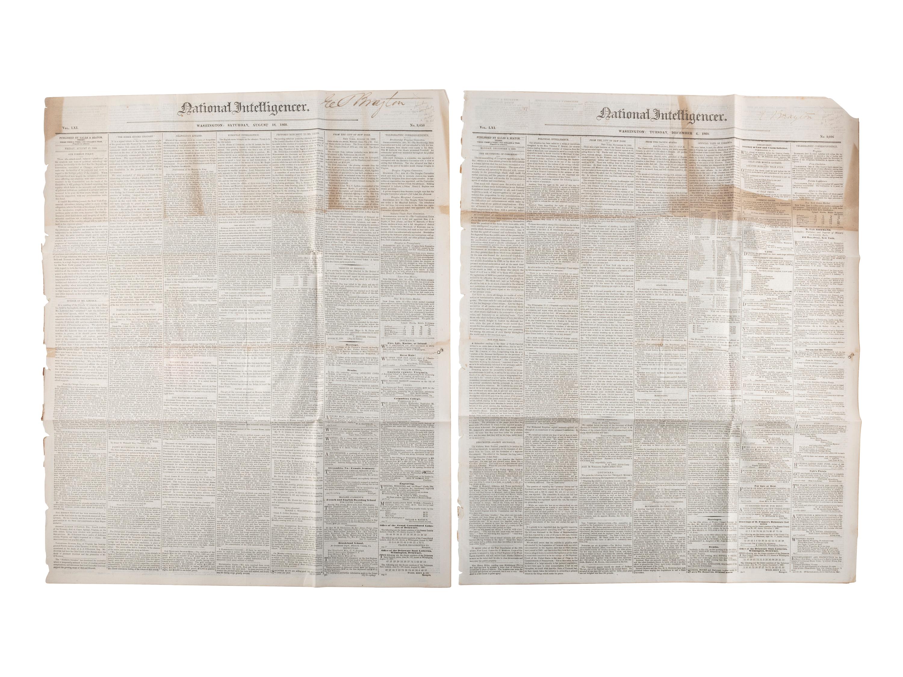 [LINCOLN, Abraham (1809-1865)]. Silk ribbon mourning the loss of Lincoln. [ With: ] Newspapers containing coverage of Lincoln's presidency.