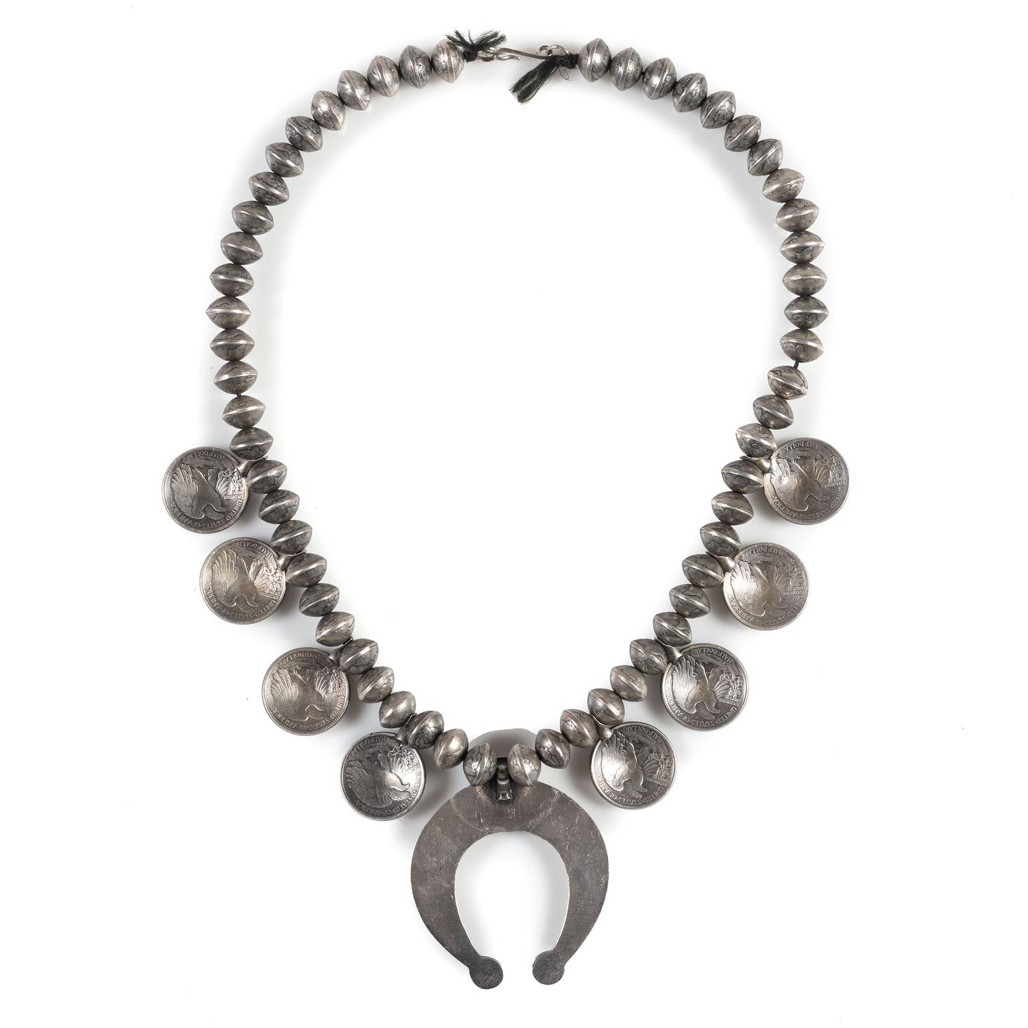 Navajo Mercury Dime and Liberty Silver Dollar Squash Blossom Necklace