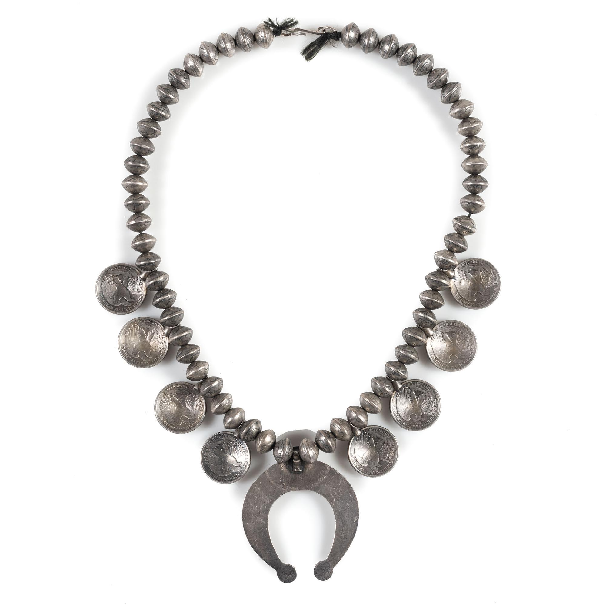 Navajo Mercury Dime and Liberty Silver Dollar Squash Blossom Necklace