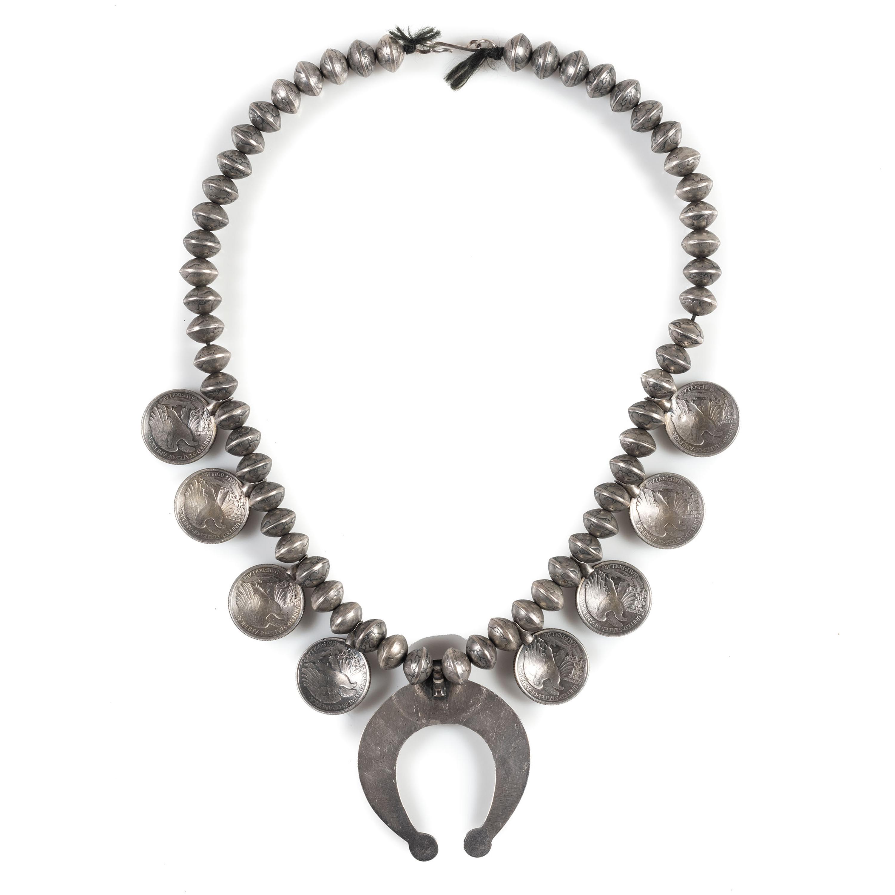 Navajo Mercury Dime and Liberty Silver Dollar Squash Blossom Necklace