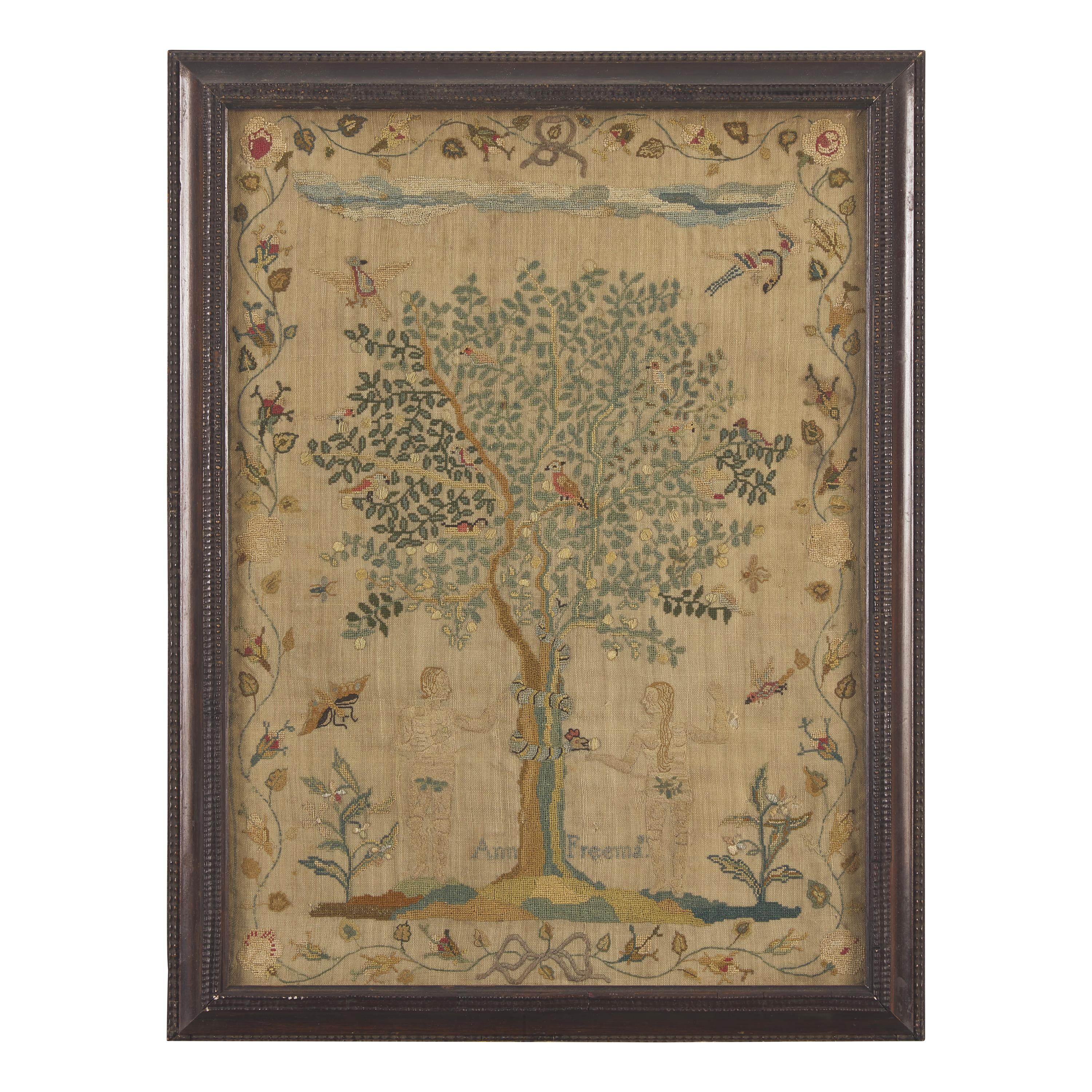 A Fine English Needlework Adam and Eve Sampler