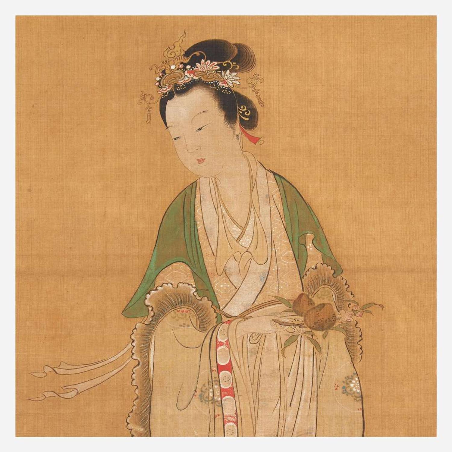 Kano Eisen'in Furunobu (Japanese b.1696-d.1731) 狩野永川 Elegant Maiden with Peach Spray ???