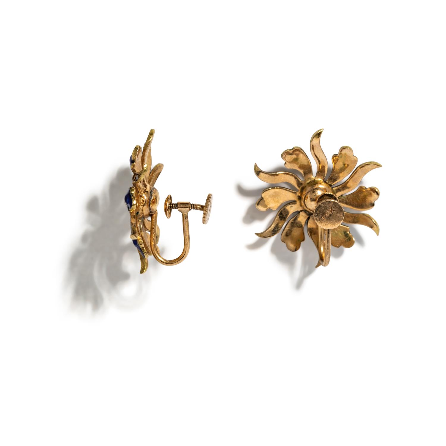 YELLOW GOLD, ENAMEL, AND SEED PEARL FLOWER EARRINGS