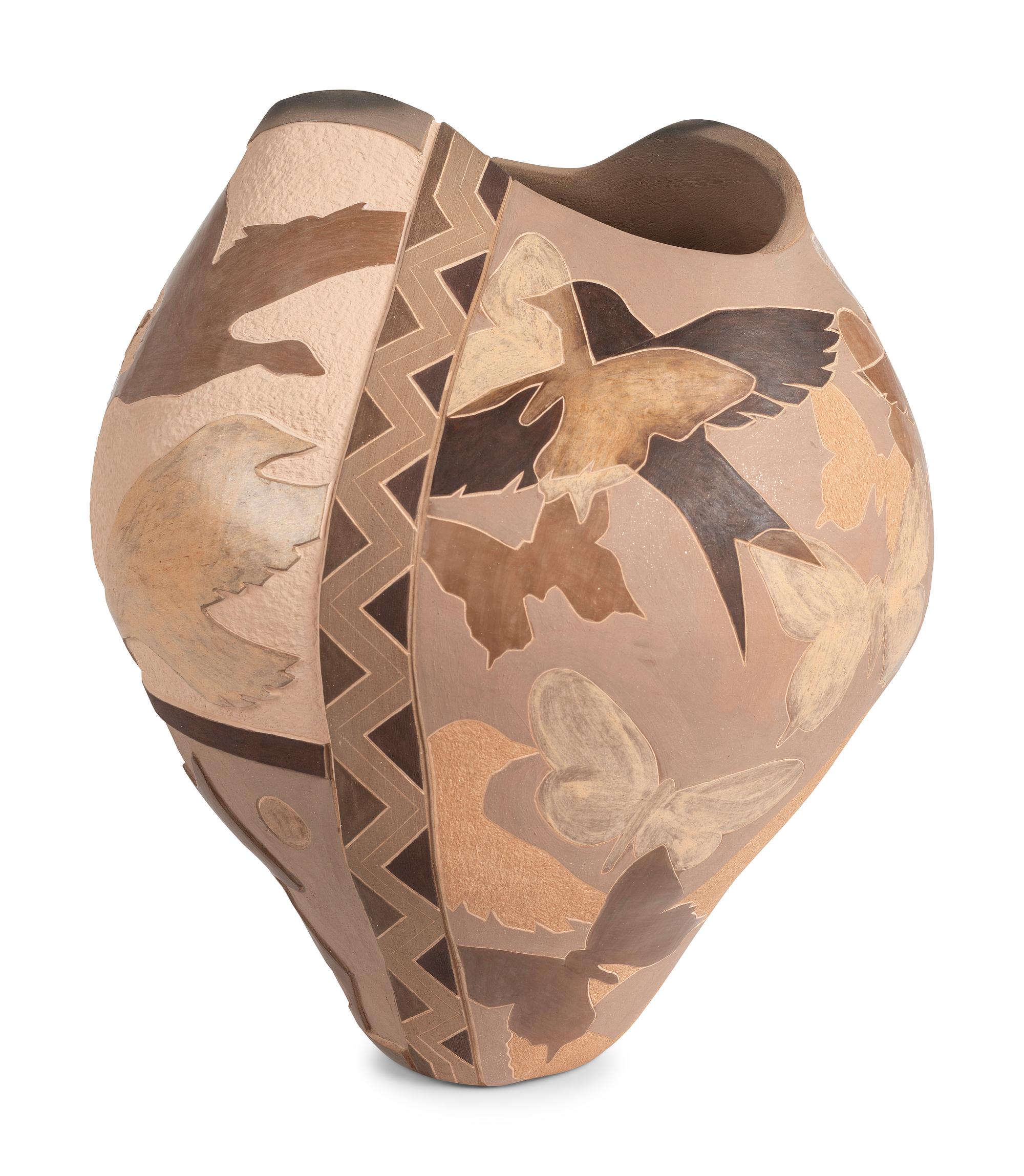 Carved Pottery Jar, with Birds and Butterflies