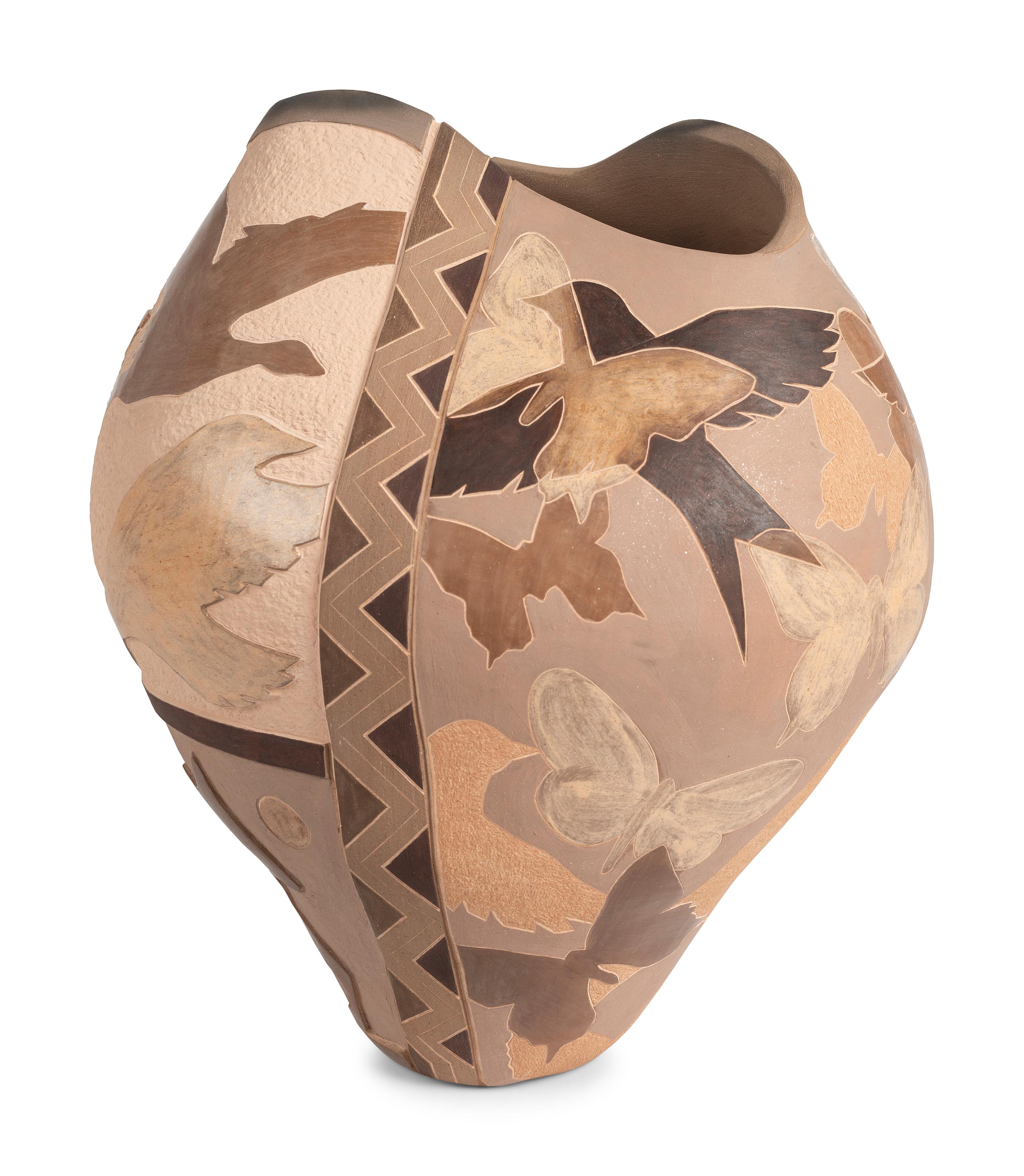 Carved Pottery Jar, with Birds and Butterflies