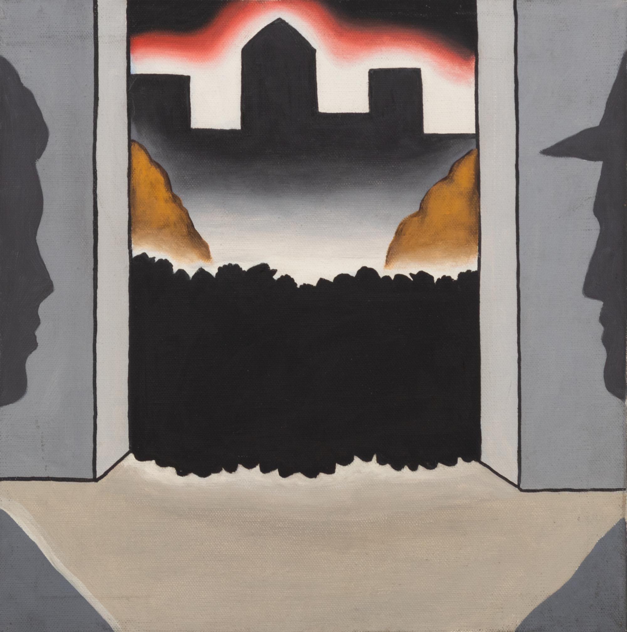 Untitled (Black shrubs, brown rocks, red sky, 2 profiles), c. 1967-68