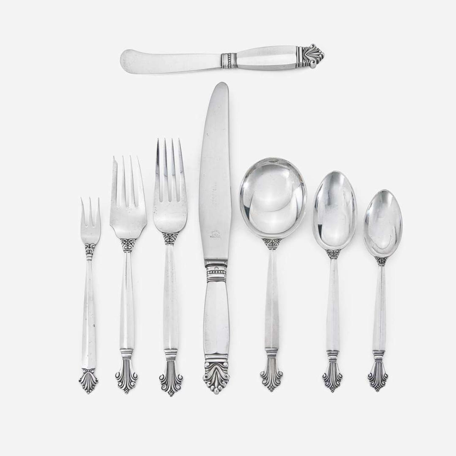 Johan Rohde (Danish, 1856-1935) "Acanthus" Eight-Piece Dinner and Luncheon Service for Twelve, Georg Jensen, Denmark, Designed 1917, the Present Lot post-1945