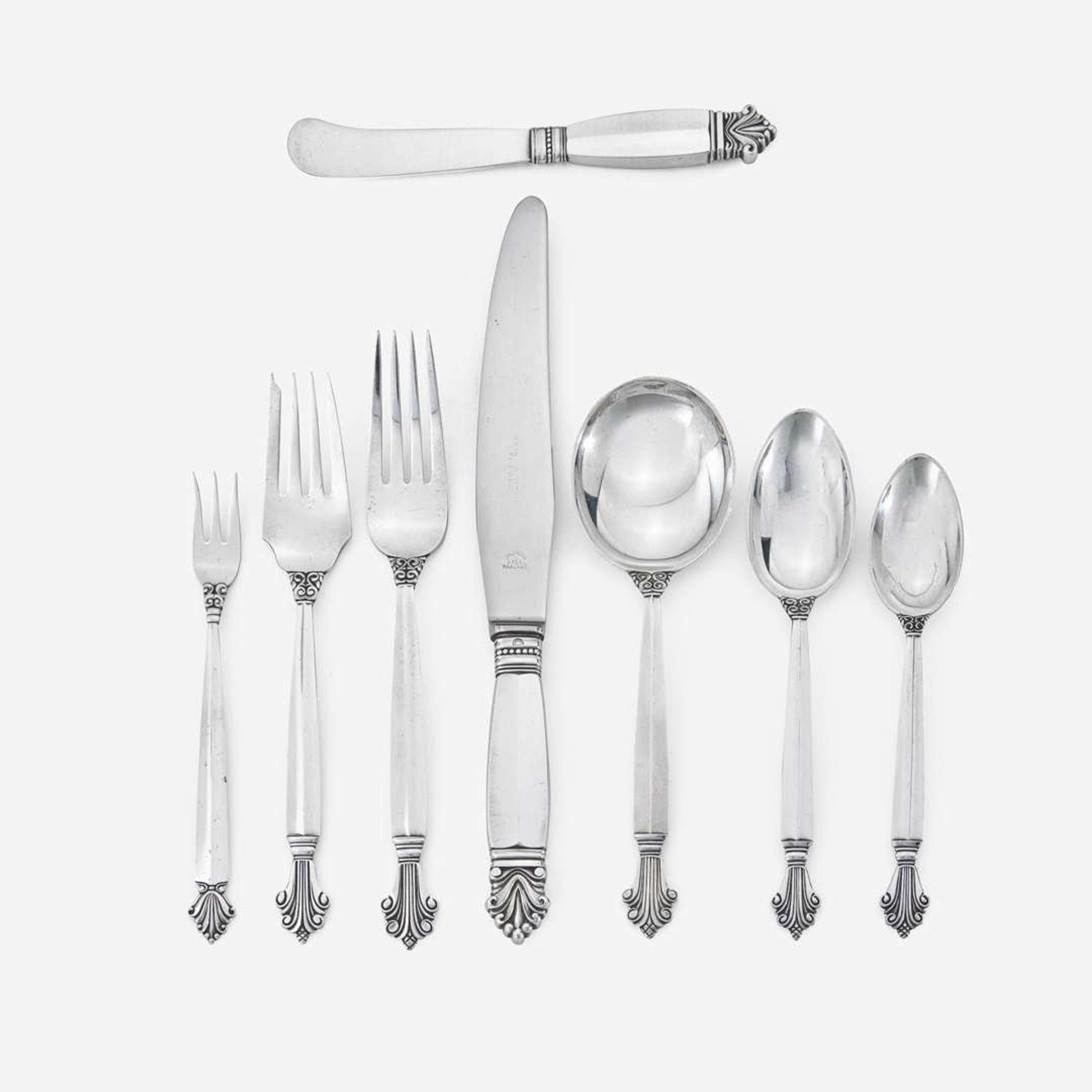 Johan Rohde (Danish, 1856-1935) "Acanthus" Eight-Piece Dinner and Luncheon Service for Twelve, Georg Jensen, Denmark, Designed 1917, the Present Lot post-1945