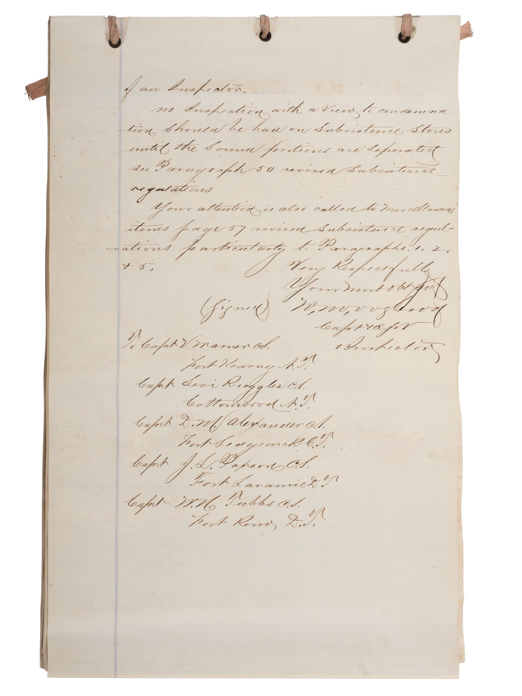[CIVIL WAR]. Small archive associated with Lt. Col. William M. Vogelson (1831-1892), 27th Ohio Infantry and U.S. Commissary Dept., including a hand-drawn map of frontier stations and a report on "Inspection in the District of Nebraska."