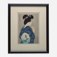 Five Japanese Bijin-ga woodblocks printed in colors 日本浮世绘五幅