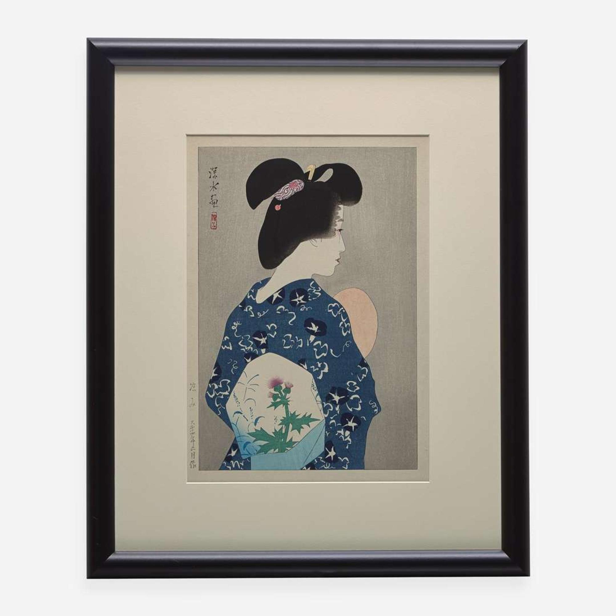 Five Japanese Bijin-ga woodblocks printed in colors 日本浮世绘五幅