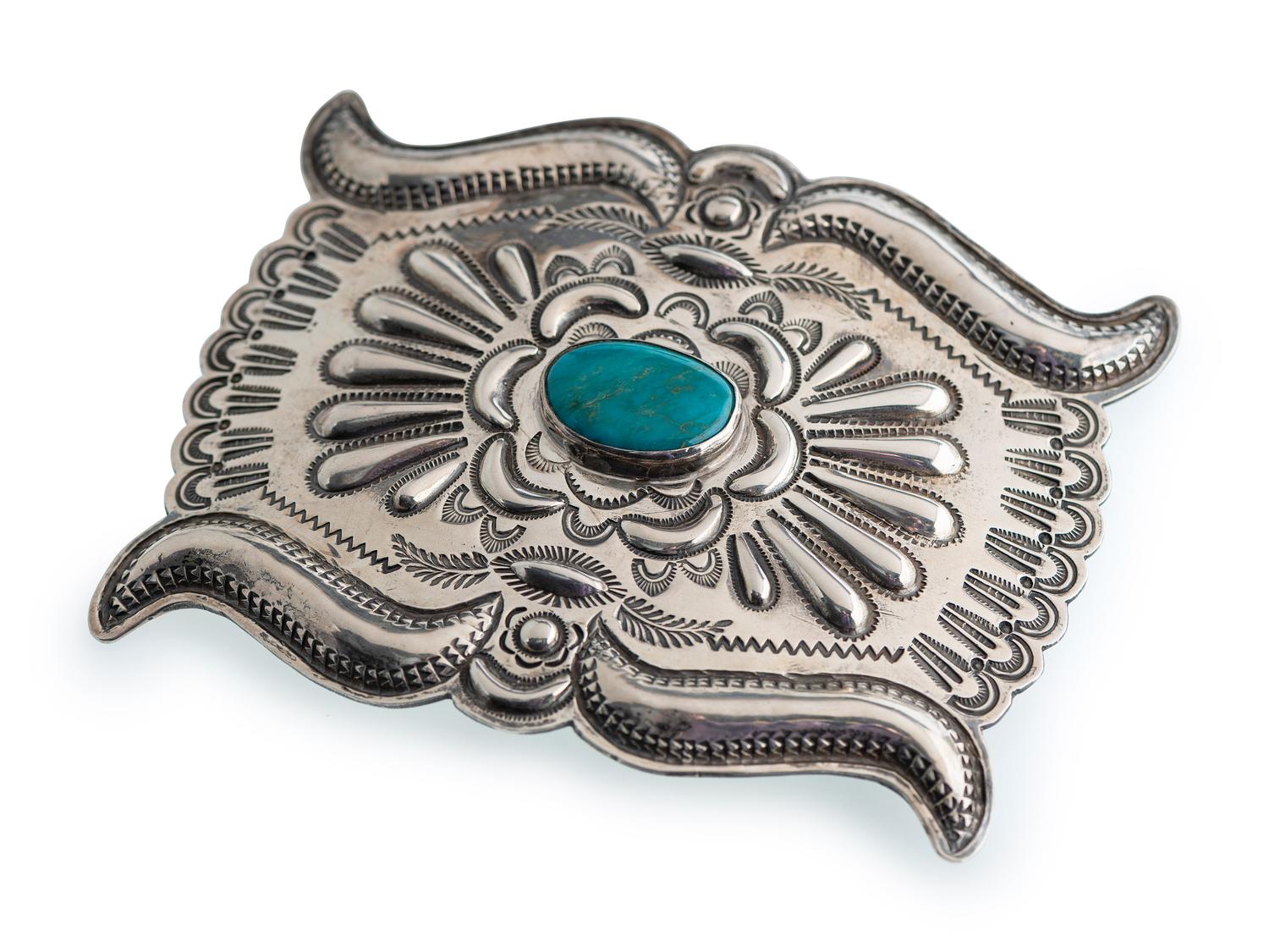 Large Silver and Turquoise Belt Buckle