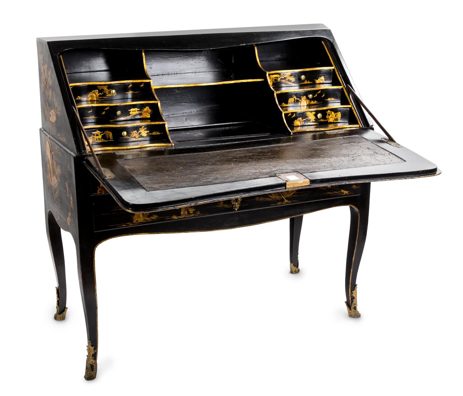 A Louis XV Provincial Japanned Bureau de Dame Height 37 x width 37 1/2 x depth 17 1/4 inches. — LATE 18TH CENTURY AND REDECORATED