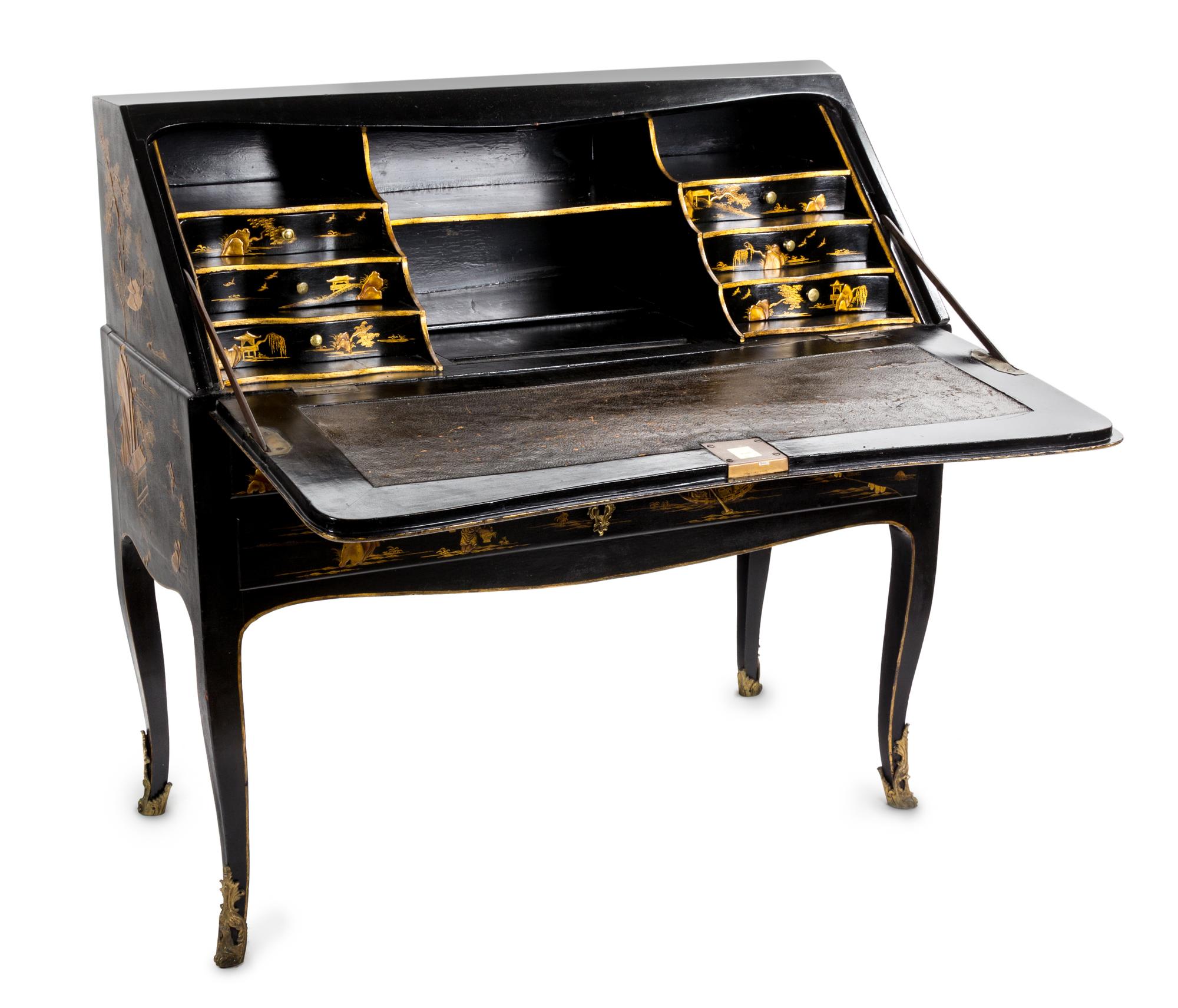 A Louis XV Provincial Japanned Bureau de Dame Height 37 x width 37 1/2 x depth 17 1/4 inches. — LATE 18TH CENTURY AND REDECORATED