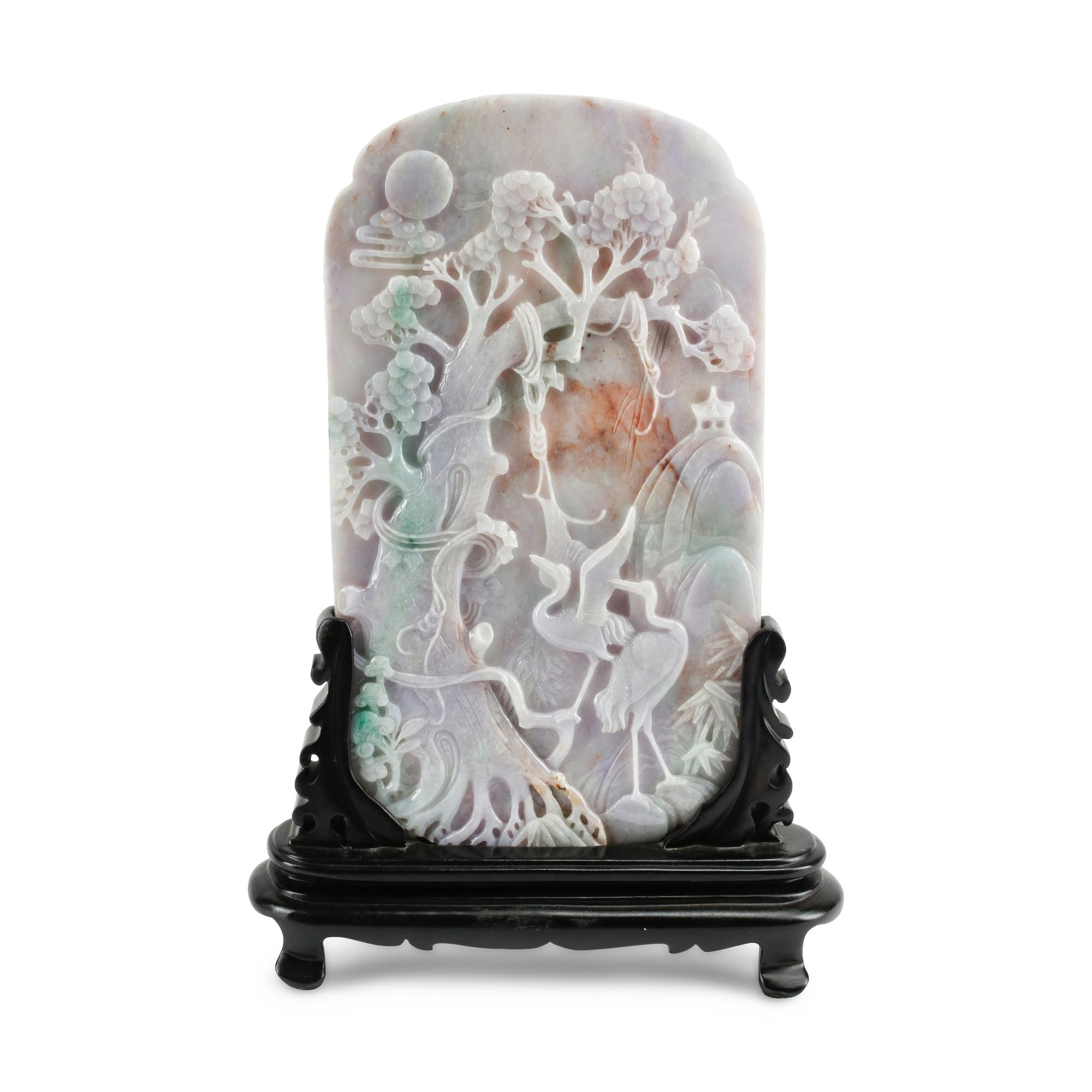 A Chinese Carved Jadeite and Hardwood Table Screen