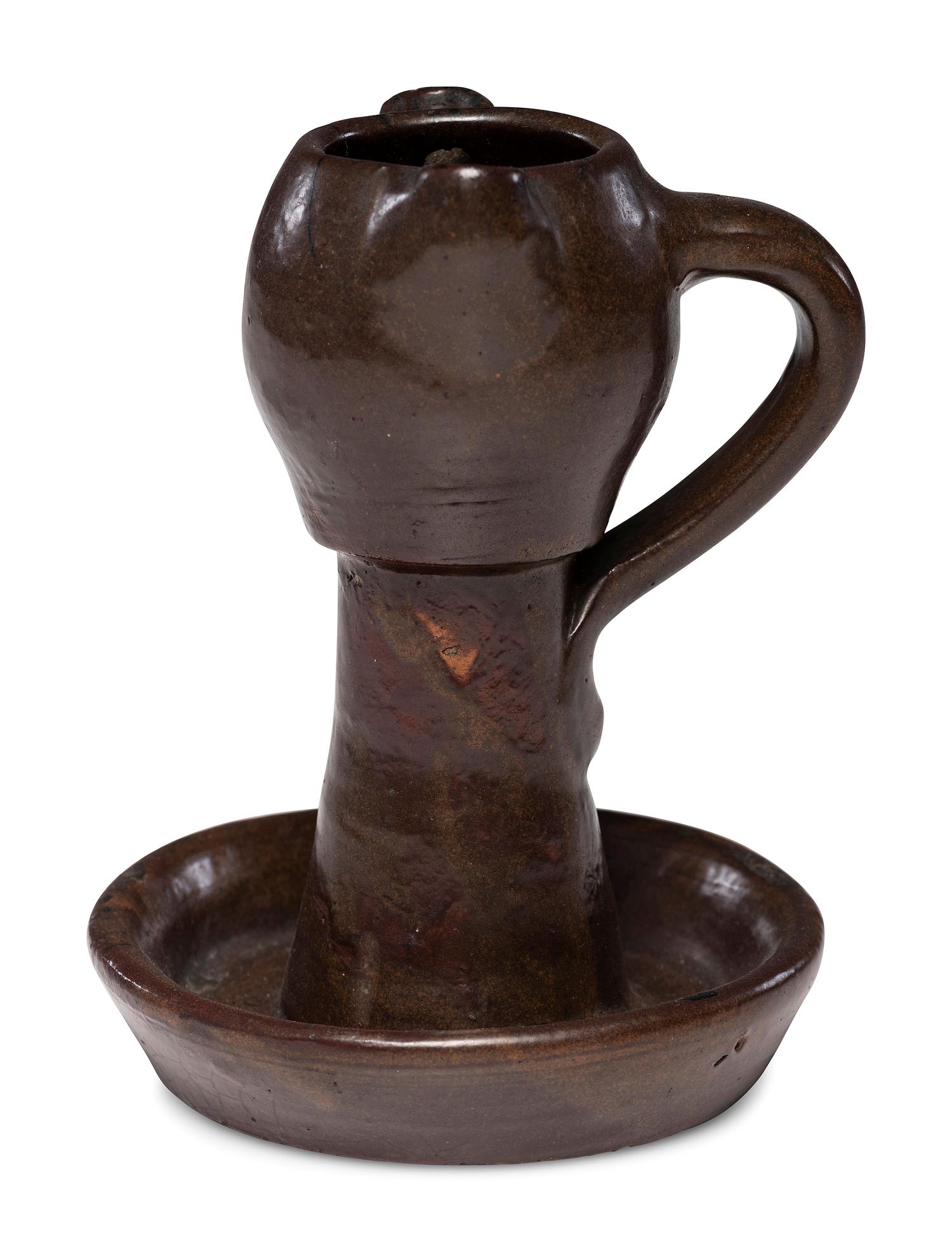 A Rare Double-Spouted Stoneware Grease Lamp, Attributed to Samuel Routson