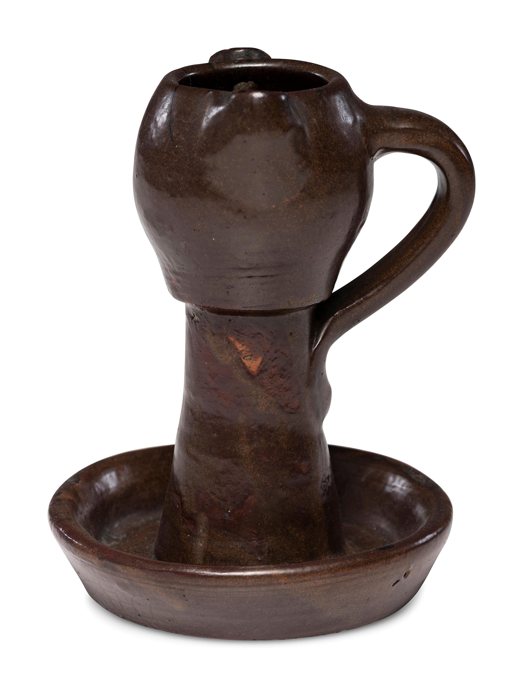 A Rare Double-Spouted Stoneware Grease Lamp, Attributed to Samuel Routson