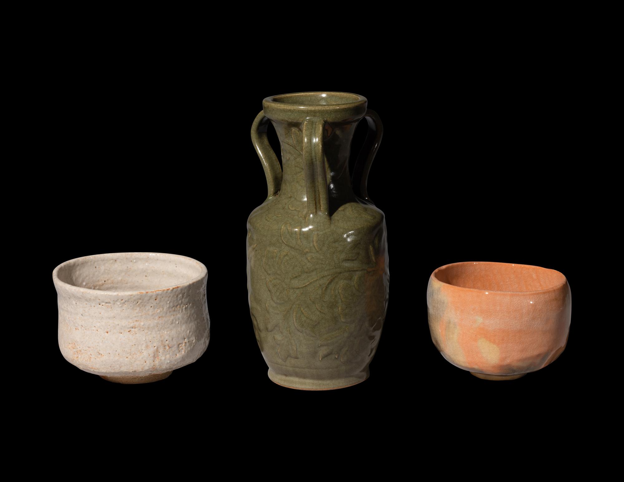 Three Japanese Glazed Stoneware Vessels