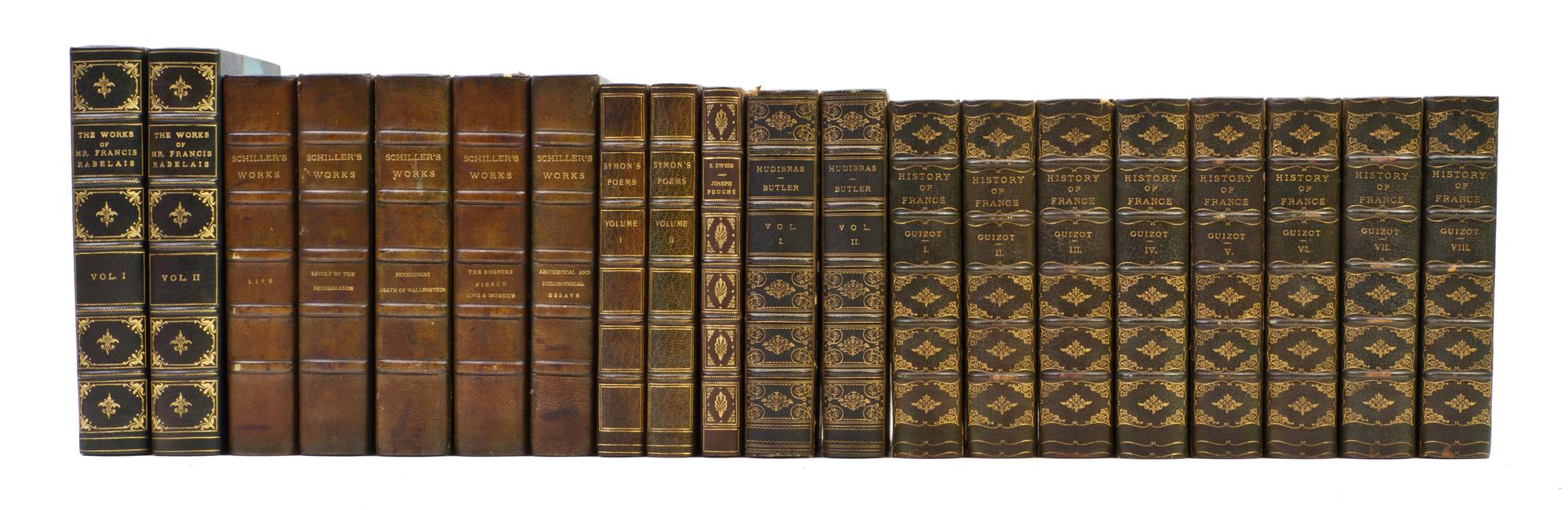 (BINDINGS) A group of 20 leather books, 8vo, bound in various shades of green and blue.