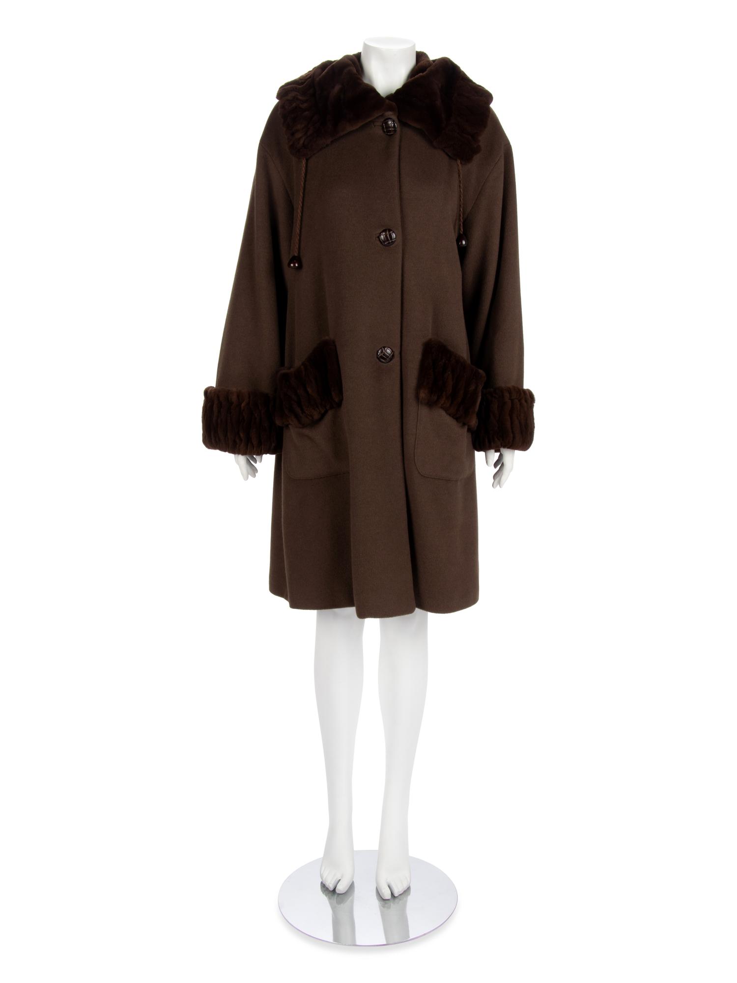 Revillon Brown Wool Coat with Brown Sheared Mink Trim, 2000-10s