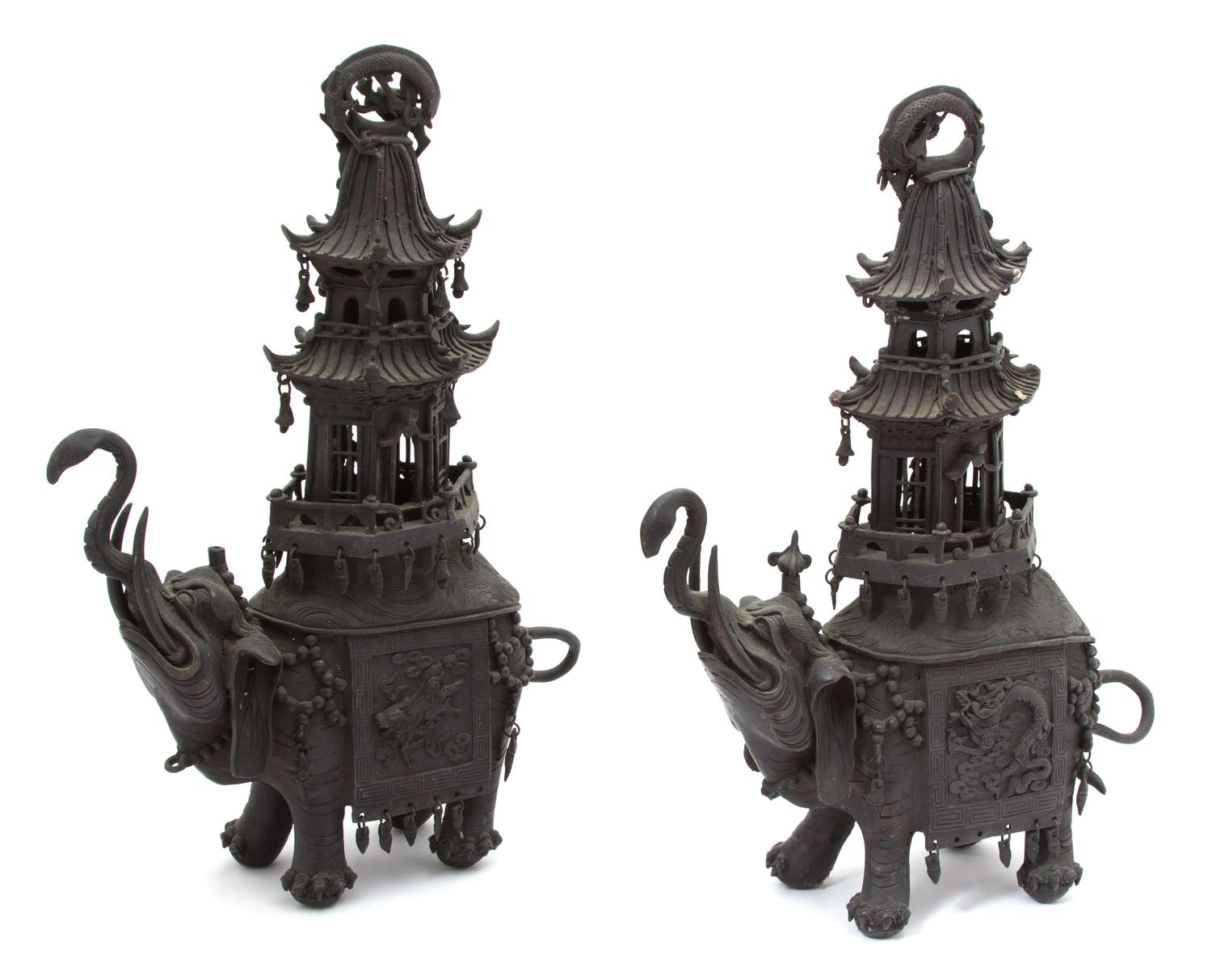 A Pair of Chinese Bronze Elephant Incense Burners Height 19 1/2 inches. — 19TH CENTURY