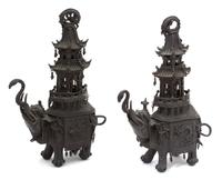 A Pair of Chinese Bronze Elephant Incense Burners Height 19 1/2 inches. — 19TH CENTURY