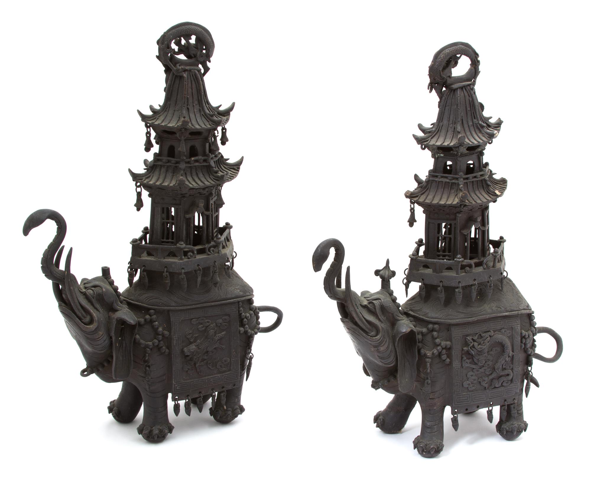 A Pair of Chinese Bronze Elephant Incense Burners Height 19 1/2 inches. — 19TH CENTURY