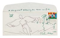 MAX, Peter (b.1937). Original pen drawing on envelope with 1974 Expo stamp designed by Max on first day of issue, signed lower right.