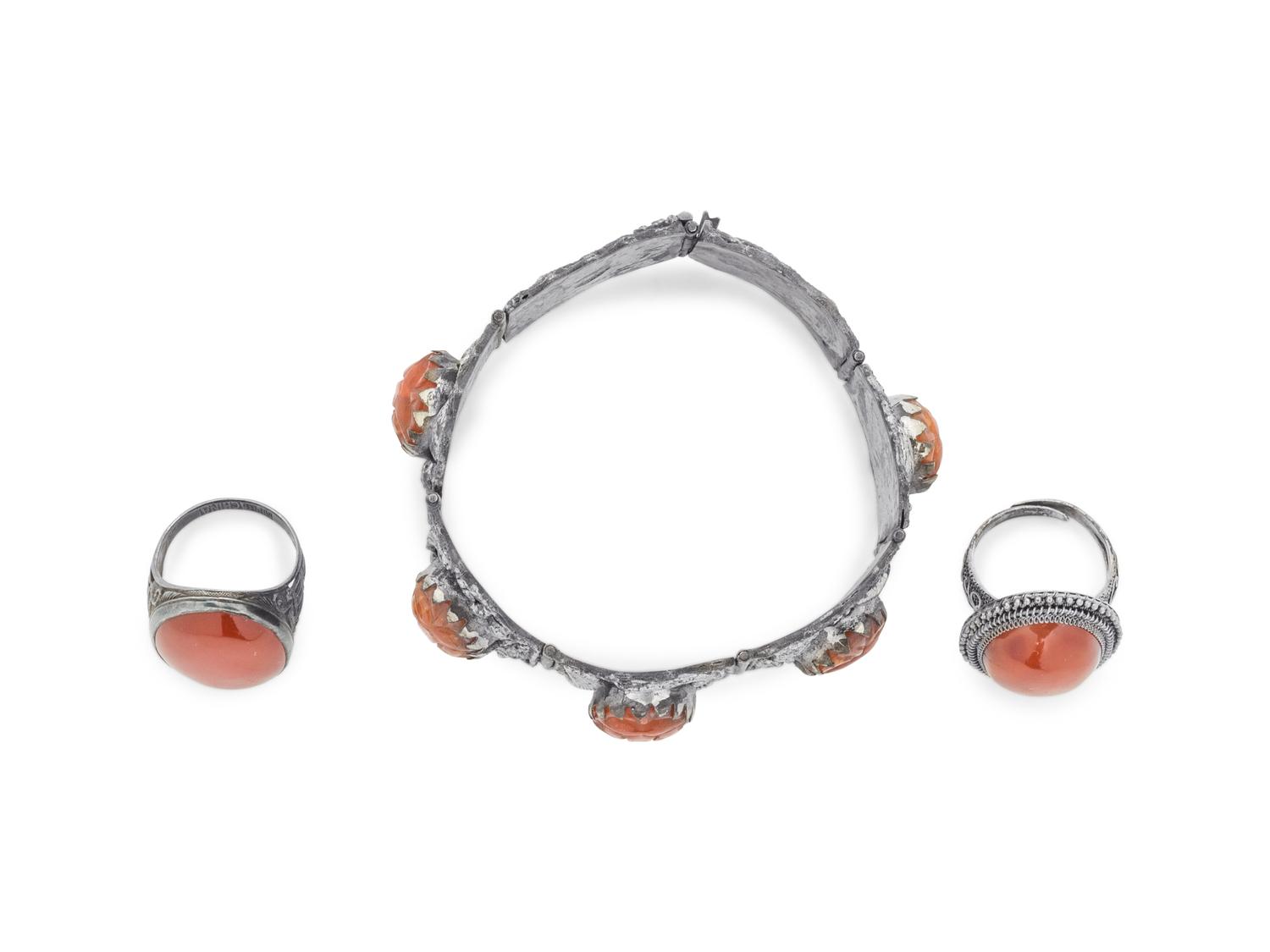Three Chinese Silver Mounted Carnelian Agate Jewelry