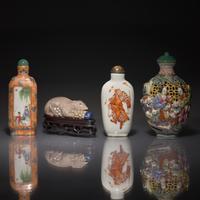 Four Chinese Porcelain Snuff Bottles, Qing Dynasty to Republic Period — 清-民國 粉彩、礬紅彩鼻烟壺四支
