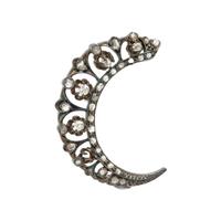 Antique, Silver-Topped Gold and Diamond Crescent Brooch