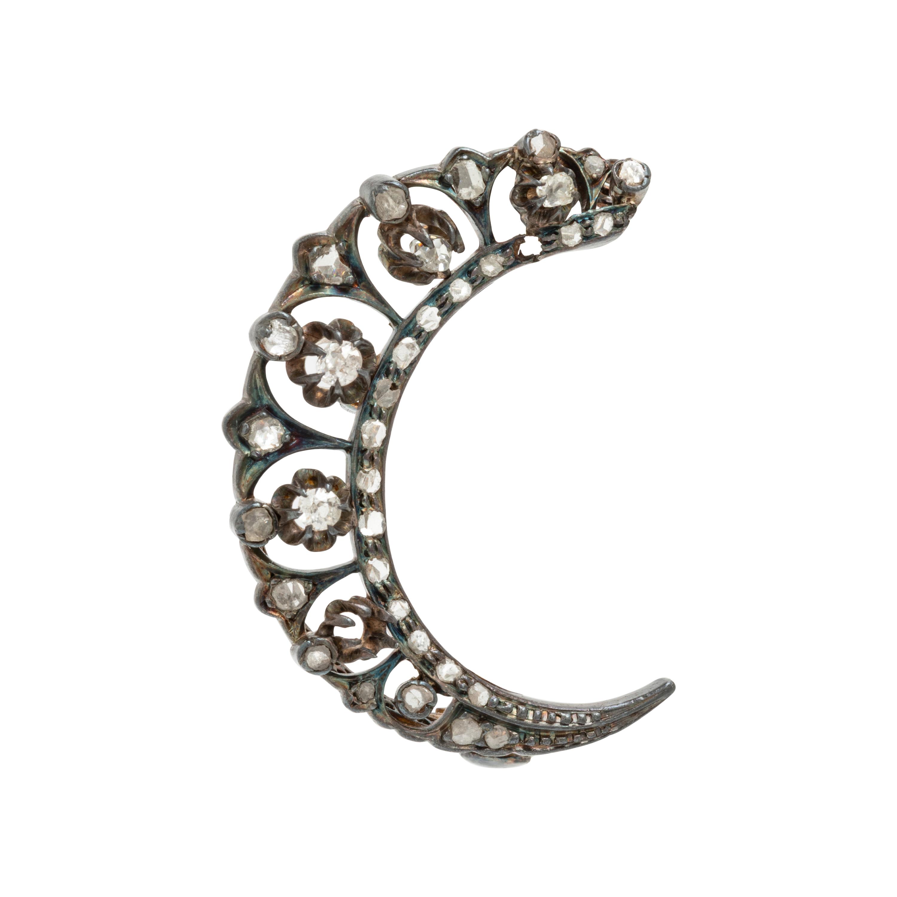 Antique, Silver-Topped Gold and Diamond Crescent Brooch
