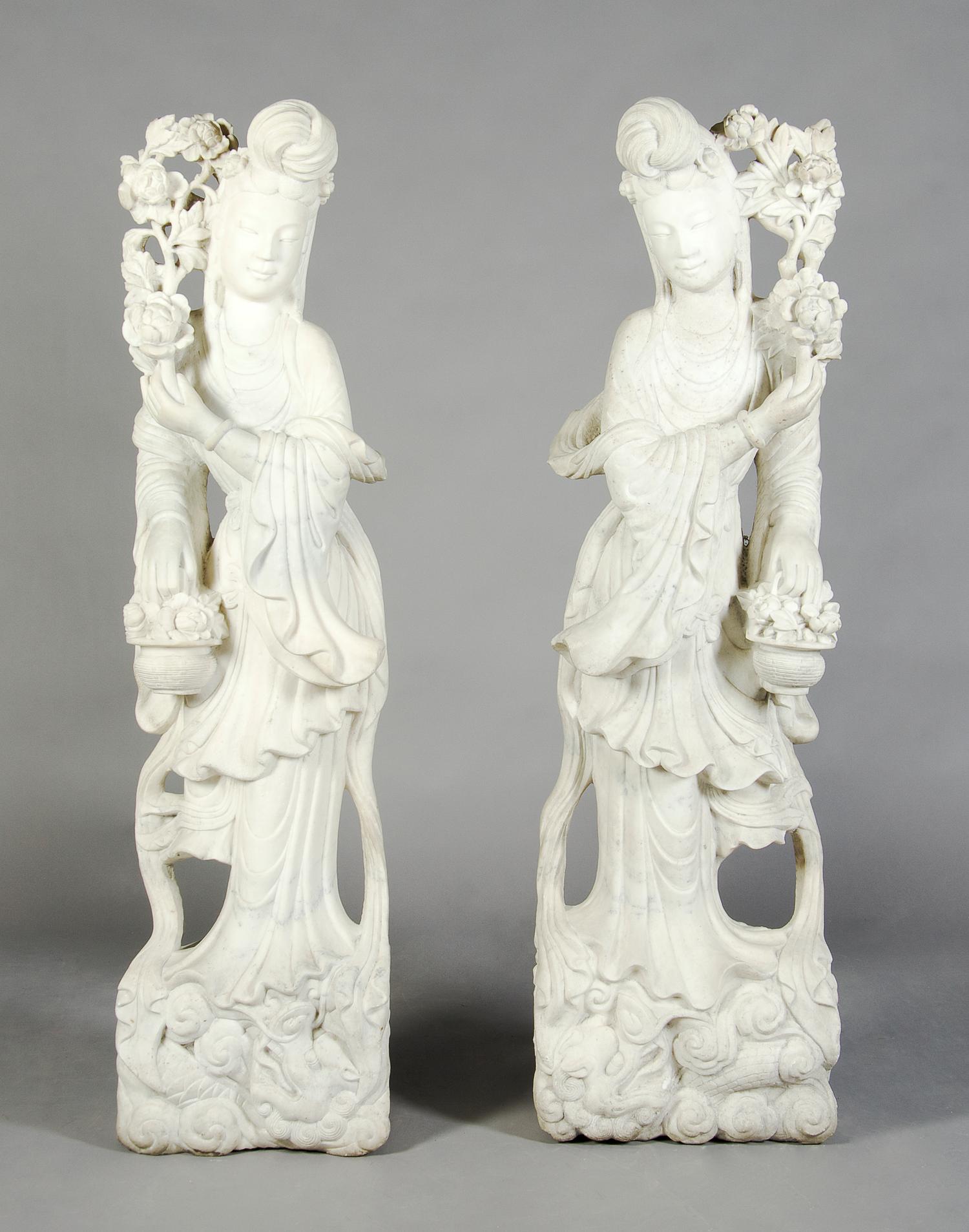 Two Chinese Carved Marble Figures, Height 57 1/2 inches.