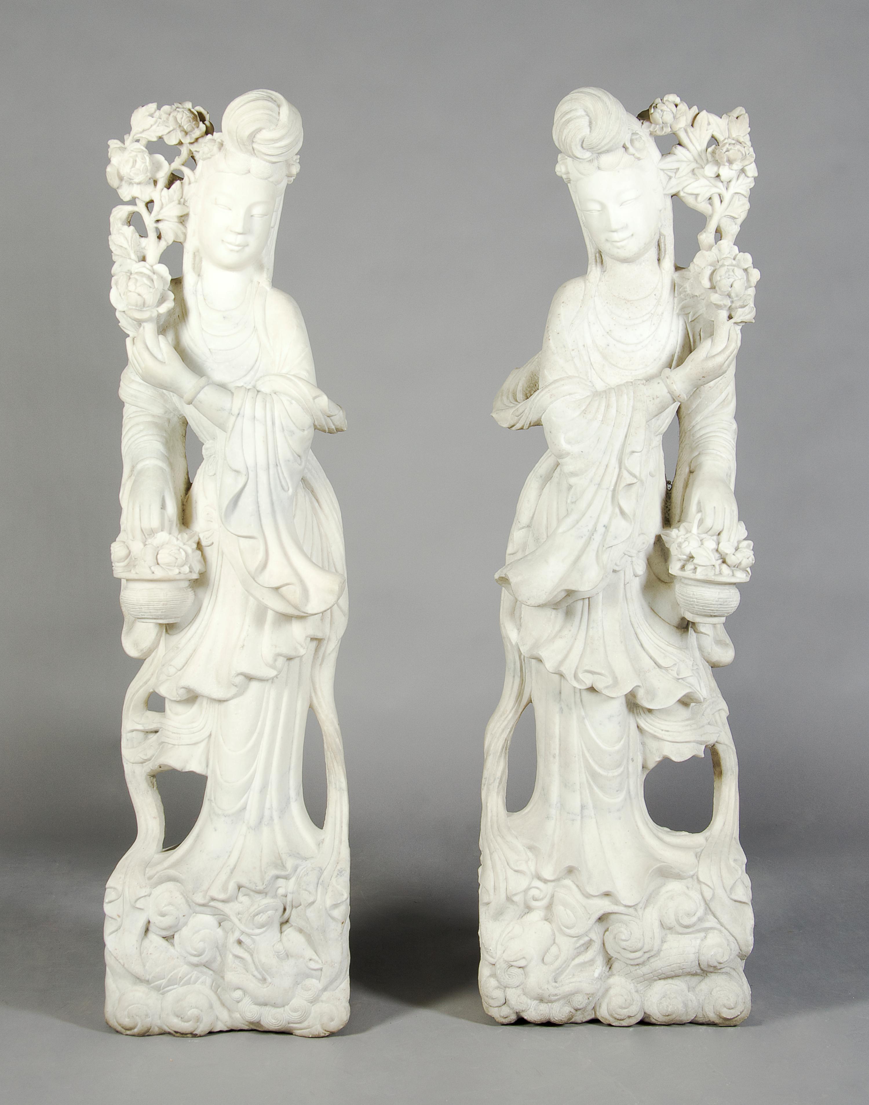 Two Chinese Carved Marble Figures, Height 57 1/2 inches.