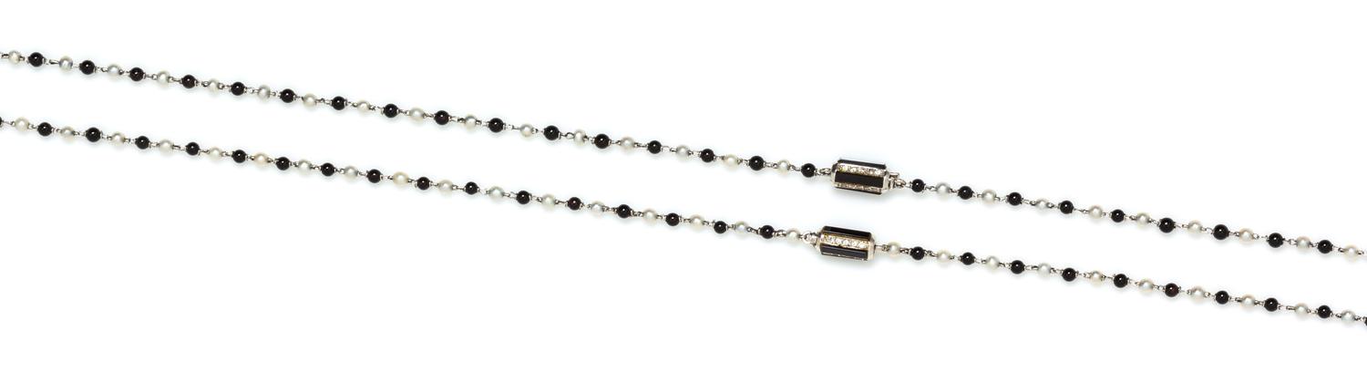 A Pair of 18 Karat White Gold, Onyx, Cultured Seed Pearl and Diamond Station Necklaces, Bvlgari, 8.00 dwts.