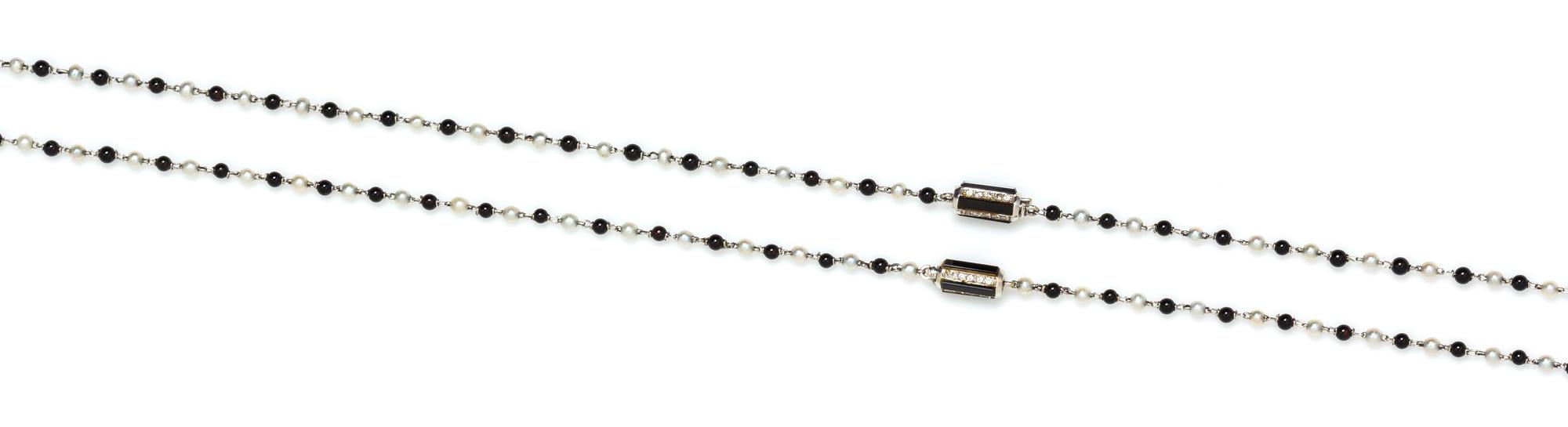 A Pair of 18 Karat White Gold, Onyx, Cultured Seed Pearl and Diamond Station Necklaces, Bvlgari, 8.00 dwts.