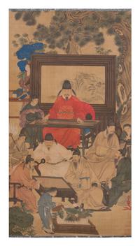 After Yao Wenhan, (Chinese, 18th Century), depicting a garden setting with scholars in various leisure pursuits, one sitting in front o