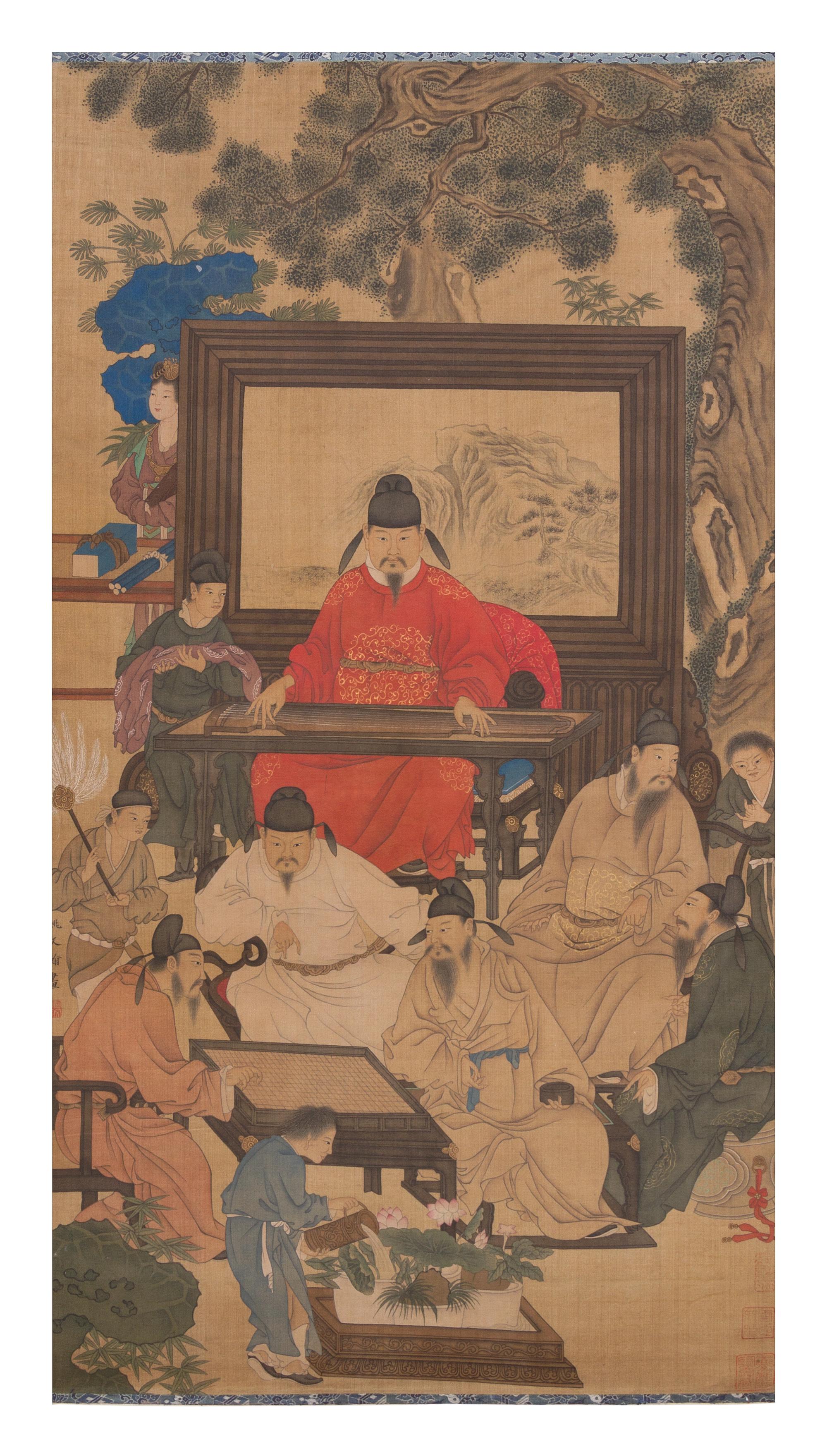 After Yao Wenhan, (Chinese, 18th Century), depicting a garden setting with scholars in various leisure pursuits, one sitting in front o