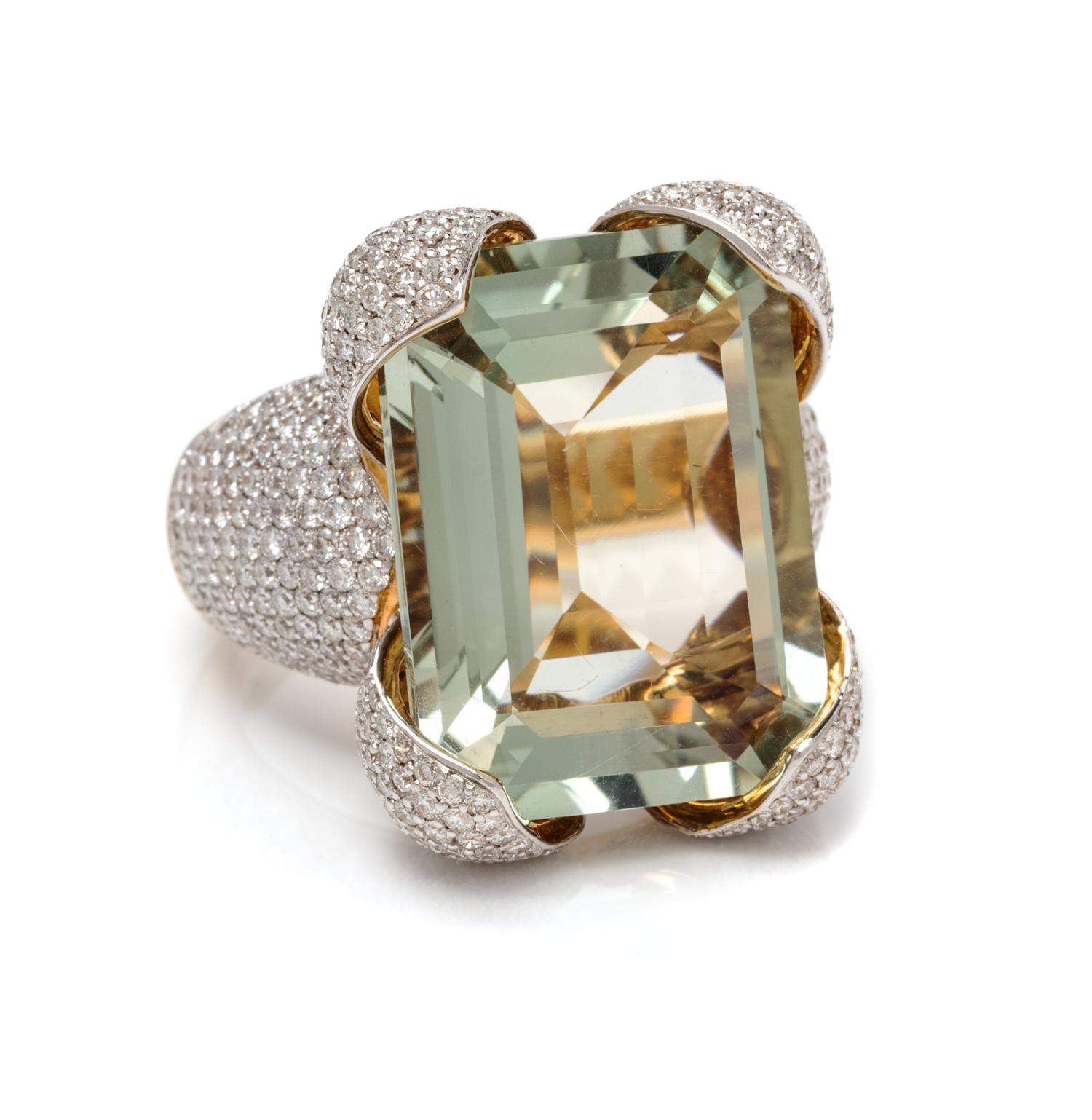 An 18 Karat Yellow Gold, Prasiolite and Diamond Ring, 11.65 dwts.