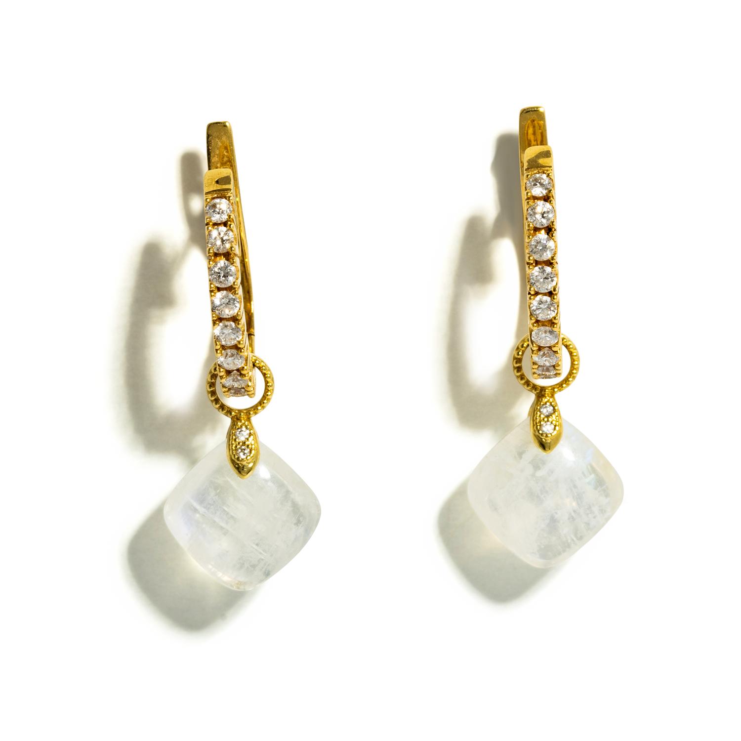 YELLOW GOLD AND DIAMOND HOOP EARRINGS WITH MOONSTONE AND MOTHER-OF-PEARL DETACHABLE DROPS