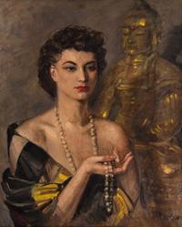 W. Neudorff, (American, 20th century), Portrait of a Woman with Gilt Buddha in Rear, 1955