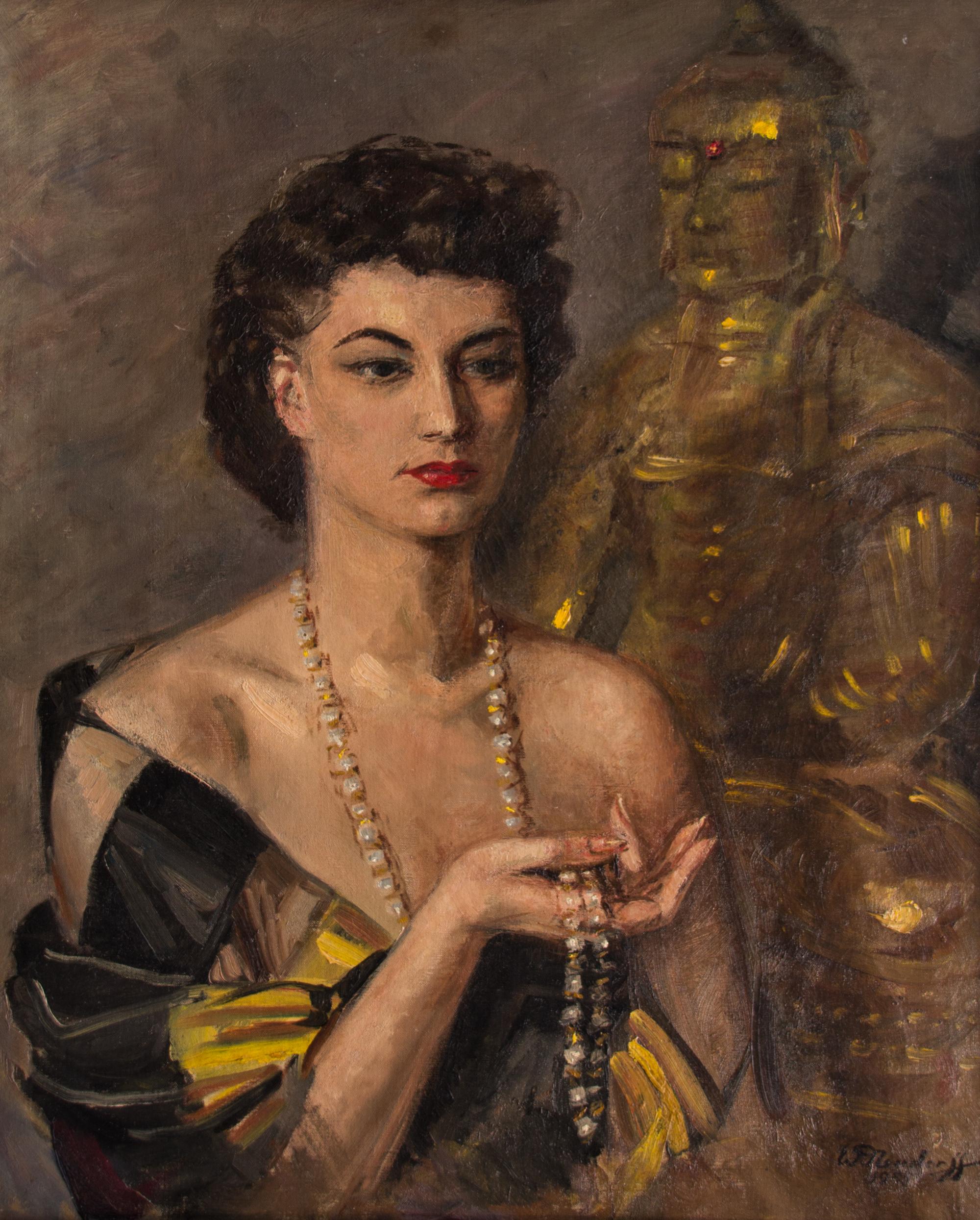 W. Neudorff, (American, 20th century), Portrait of a Woman with Gilt Buddha in Rear, 1955
