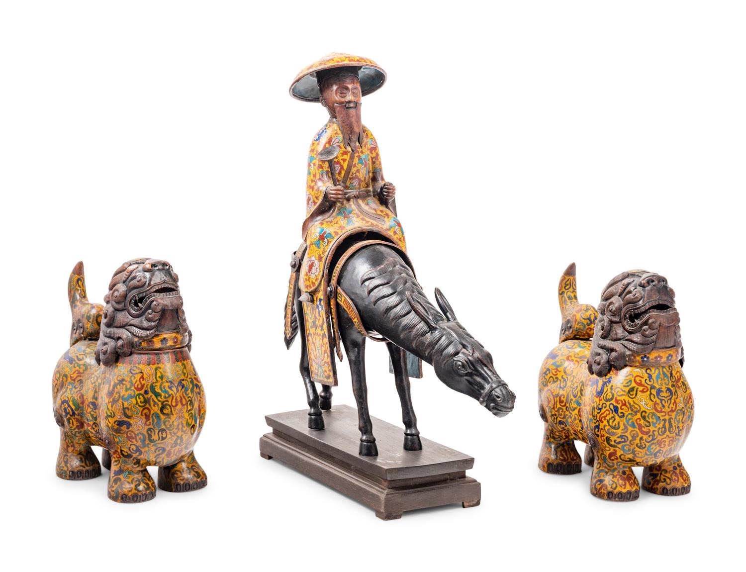 Three Chinese Yellow Ground Cloisonné Enameled Figural Articles