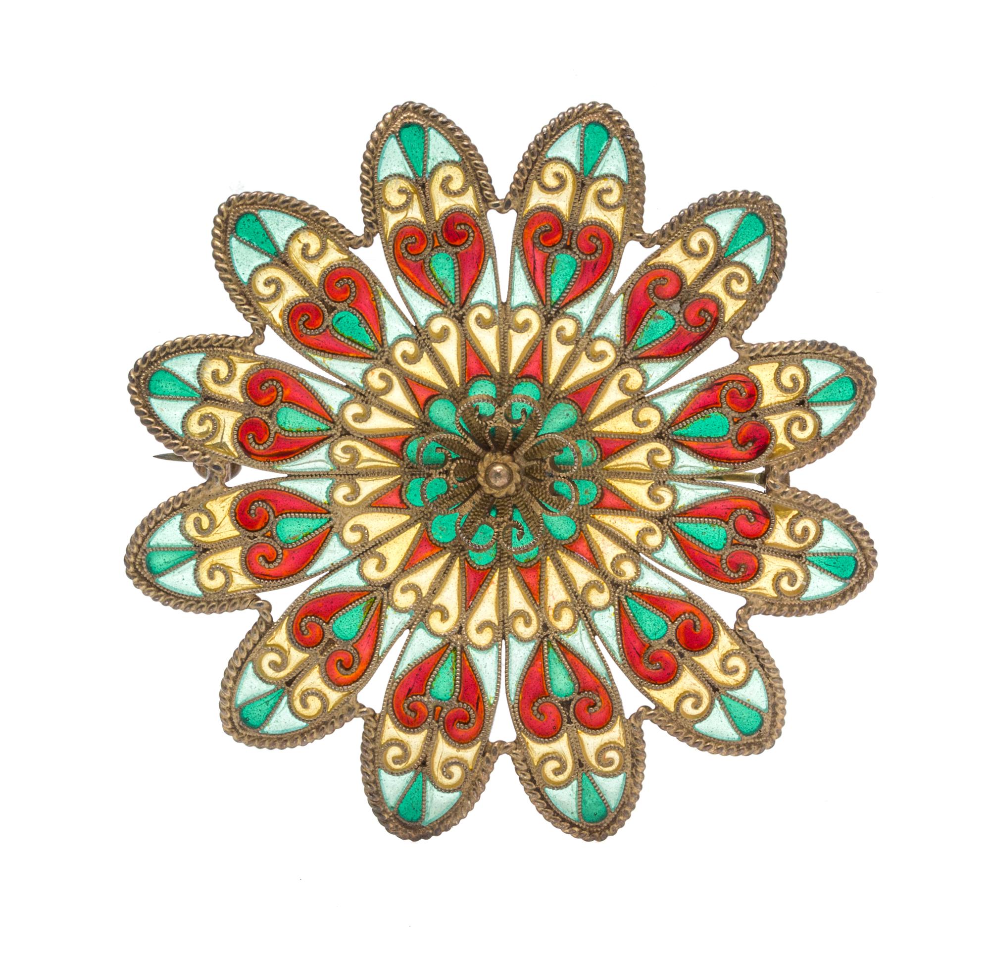 A Gilt Silver Polychrome Enamel Plique-a-Jour Brooch, Johan Gustav Kjaerland, 13.20 dwts.