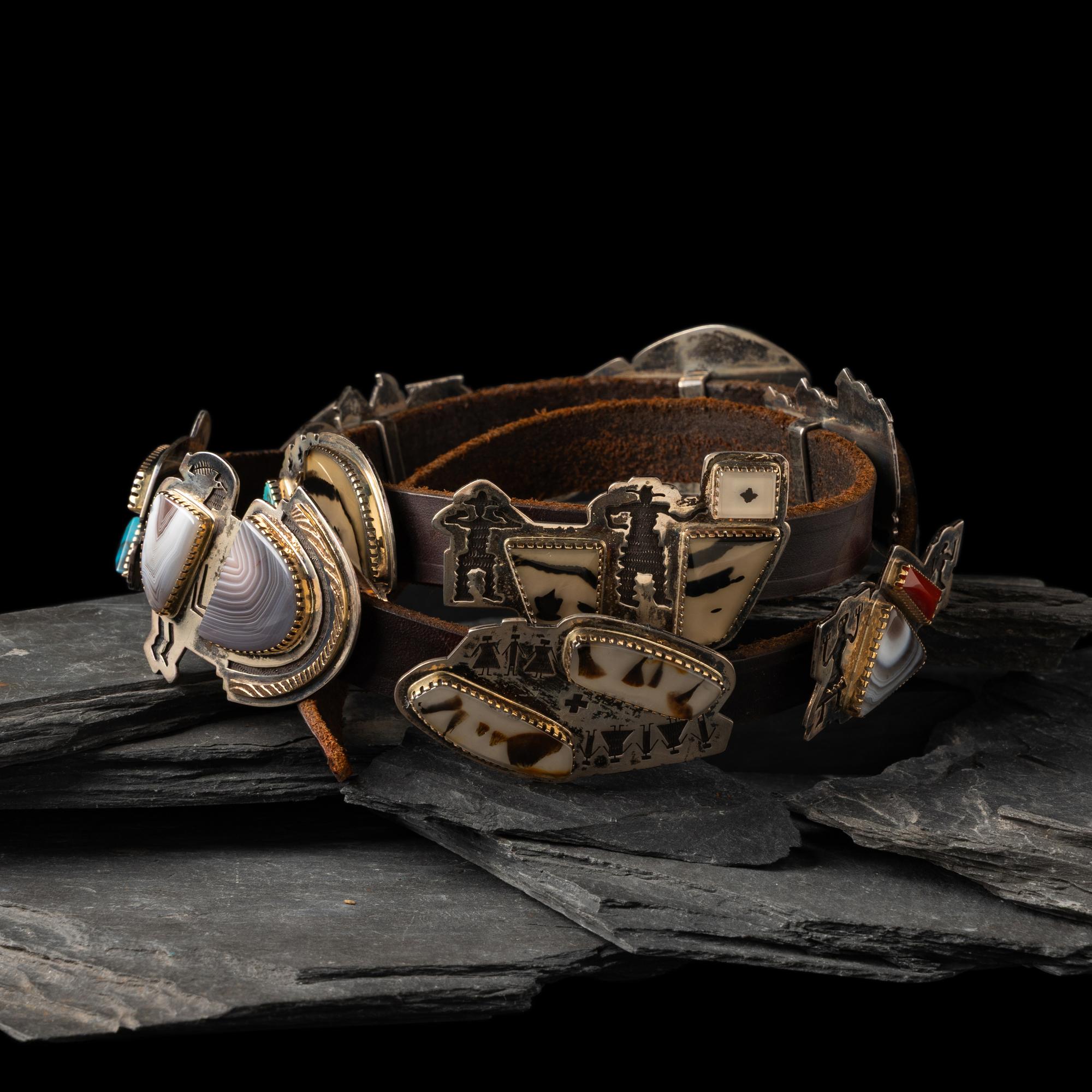 Gail Bird and Yazzie Johnson (Kewa-Laguna, b. 1949) / (Diné, b. 1946) — Silver and Gold Figural Concha Belt, with Multi-stone Inlay
