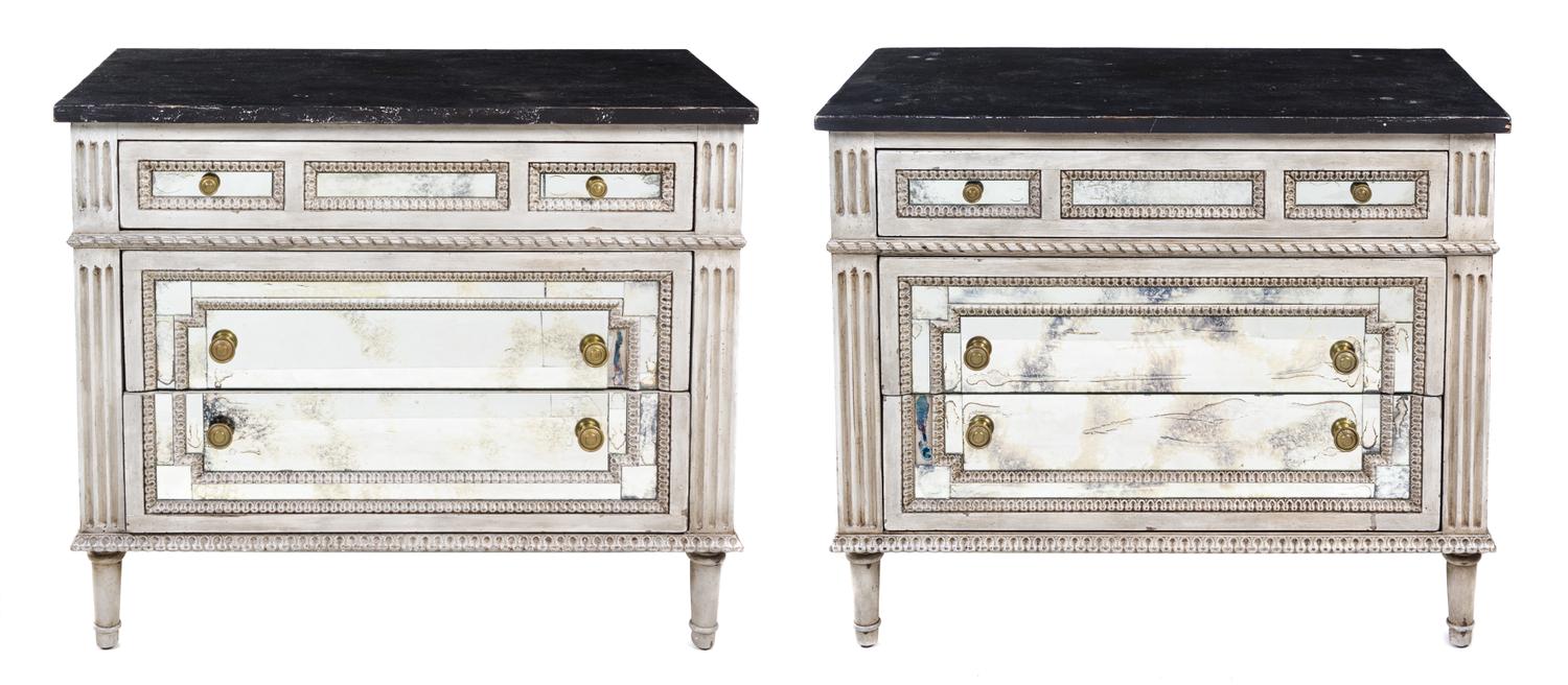 A Pair of Neoclassical Style Painted and Mirror Veneered Commodes Height 31 x width 38 x depth 22 inches. — AMY HOWARD, 20TH CENTURY