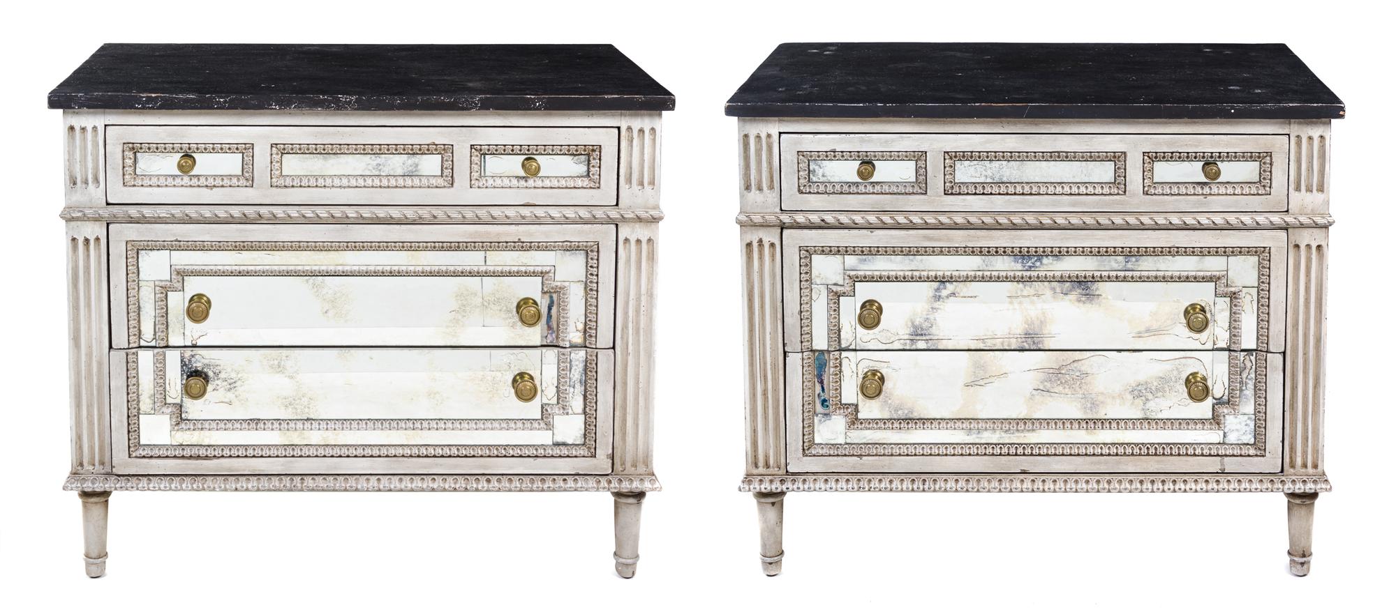 A Pair of Neoclassical Style Painted and Mirror Veneered Commodes Height 31 x width 38 x depth 22 inches. — AMY HOWARD, 20TH CENTURY