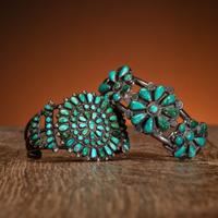 Pair of Zuni Silver and Petit Point Turquoise Cluster Cuff Bracelets