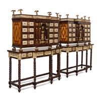 A Pair of Spanish Renaissance Style Gilt Bronze Mounted Marquetry Collector's Cabinets on Stands